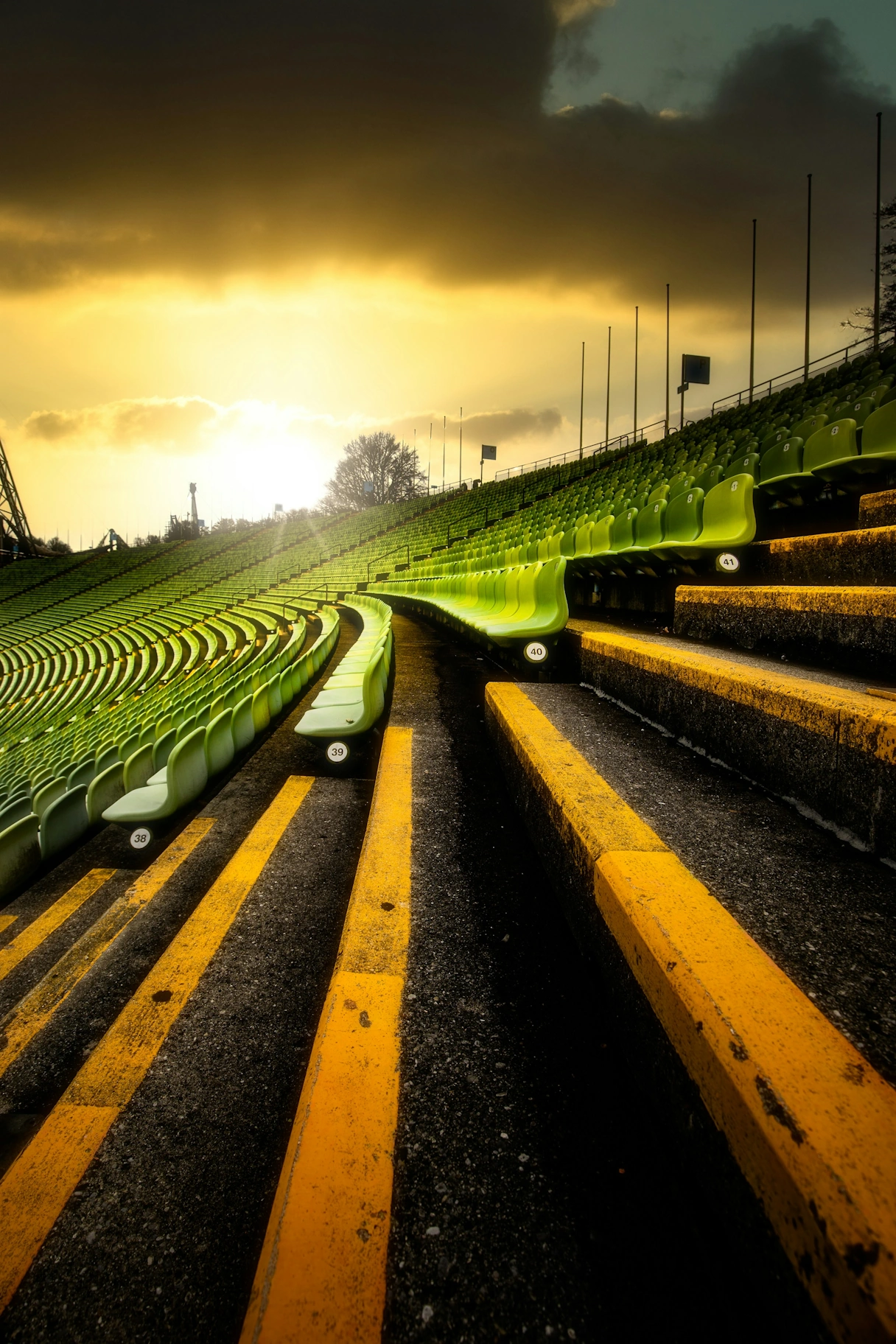 Olympic Stadium in Munich, view of the seats with sunset