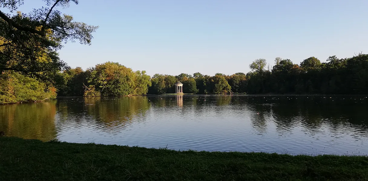 Nymphenburg Palace Munich, calm lake at blue hour