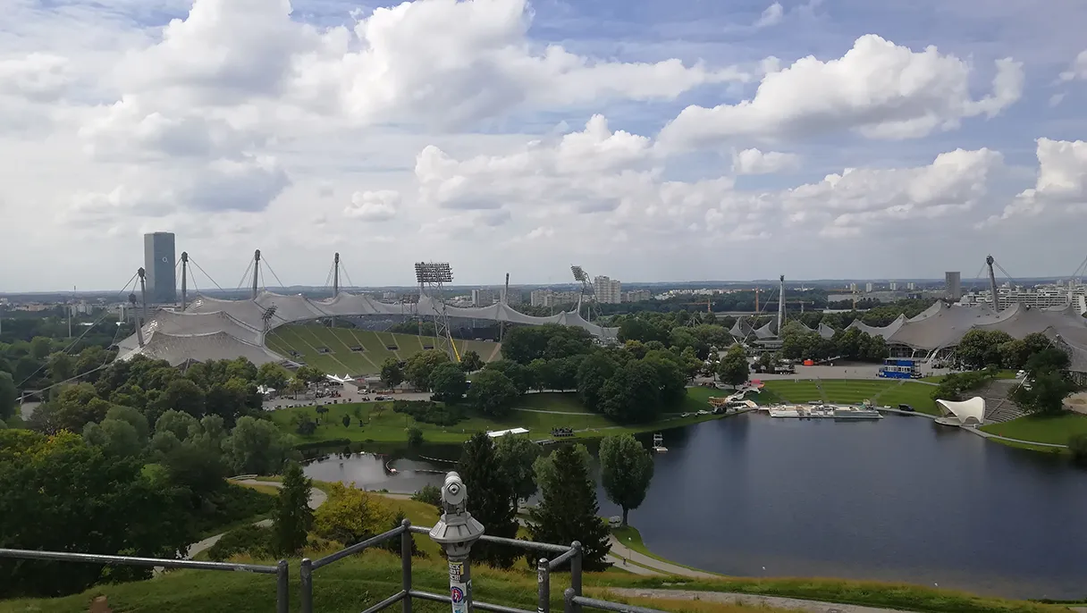 View across Olympiapark with Olympic Lake and Olympic statium