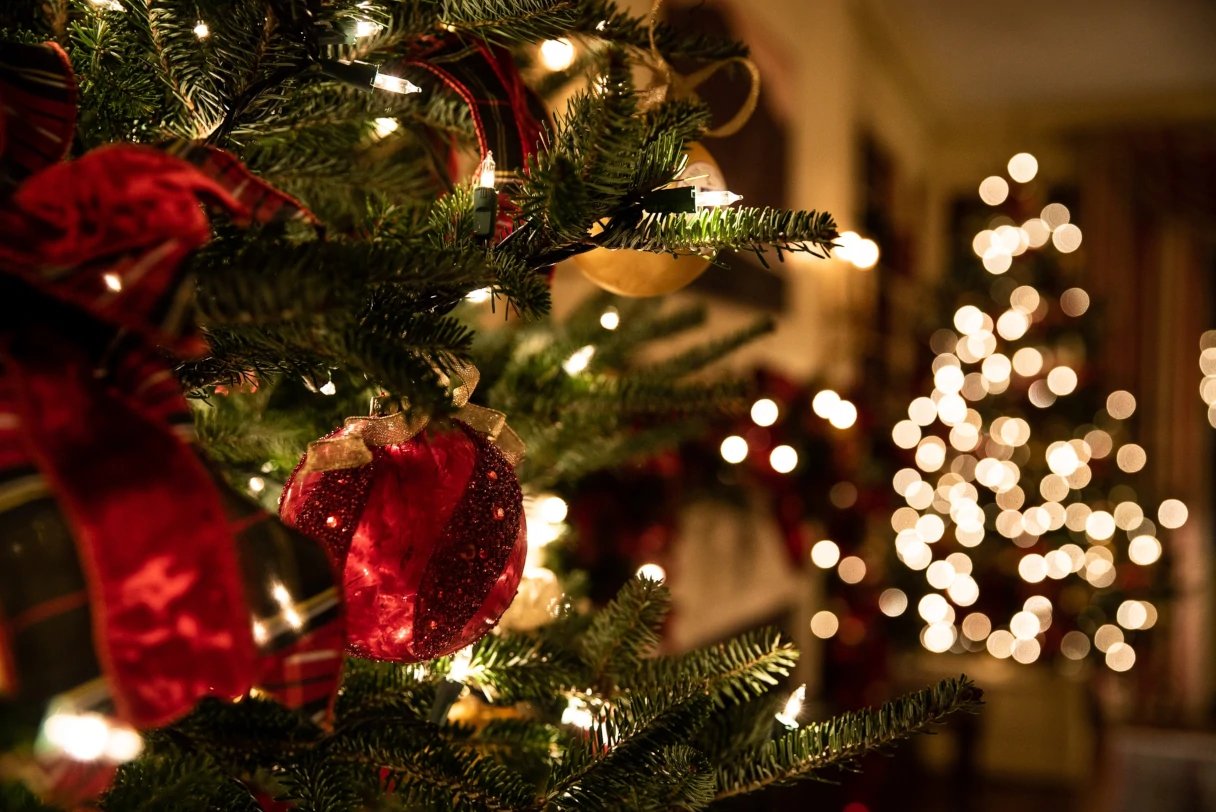 Weihnachten, Weihnachtsbaum mit roten Kugeln und Schleifen, um Hintergrund ist ein beleuchteter Weihnachtsbaum im Bokeh zu sehen
