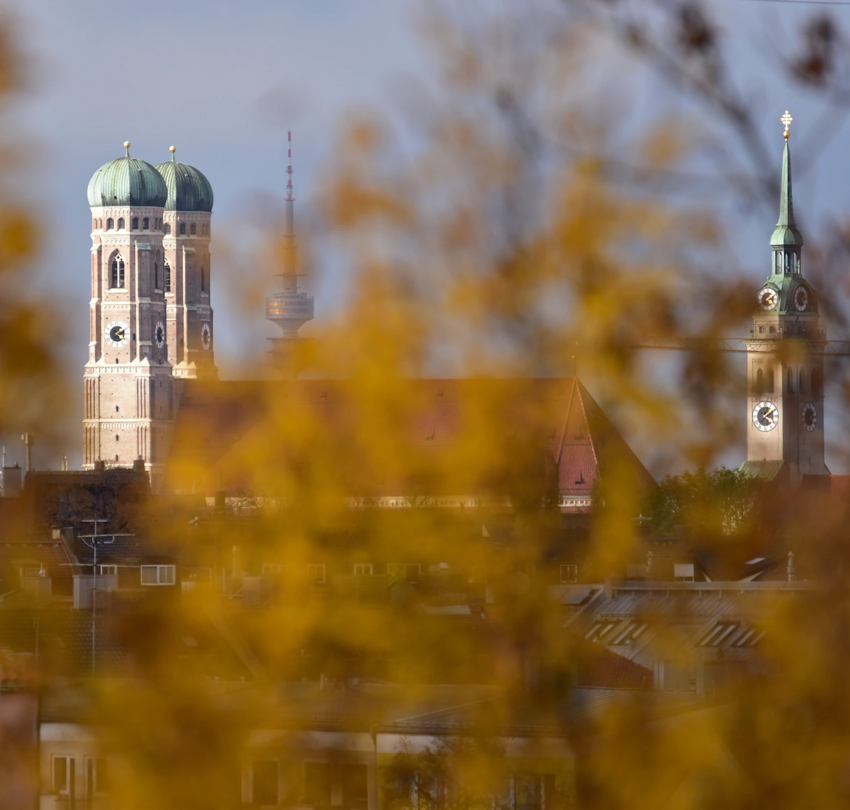 Blick auf die Frauenkirche, den Olympiaturm und den alten Peter durch bunte Blätter hindurch