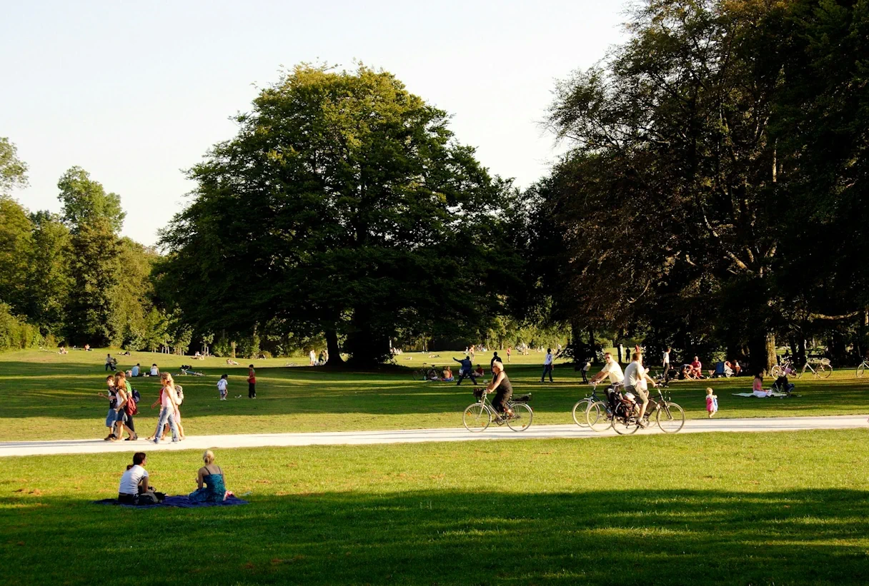 Visitors to Munich's English Garden are walking, cycling or sitting on the grass. In the picture, it seems to be summer, the trees are green and people are wearing shorts