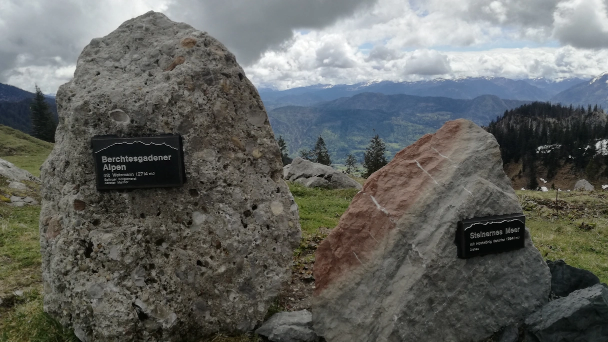 Two rocks, the one on the left bears a sign with the inscription Berchtesgaden Alps and the one on the right a sign with Steinernes Meer. In the background are mountains and clouds