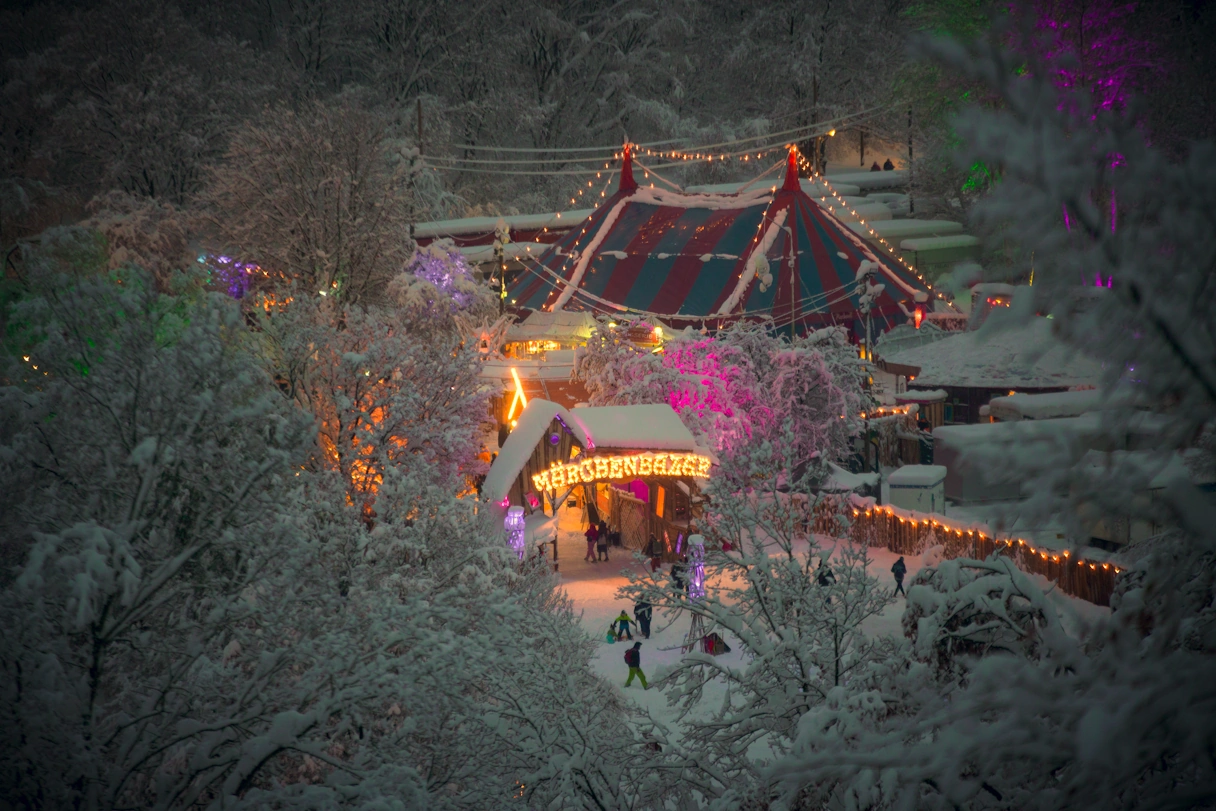 Fairytale bazaar grounds covered in snow