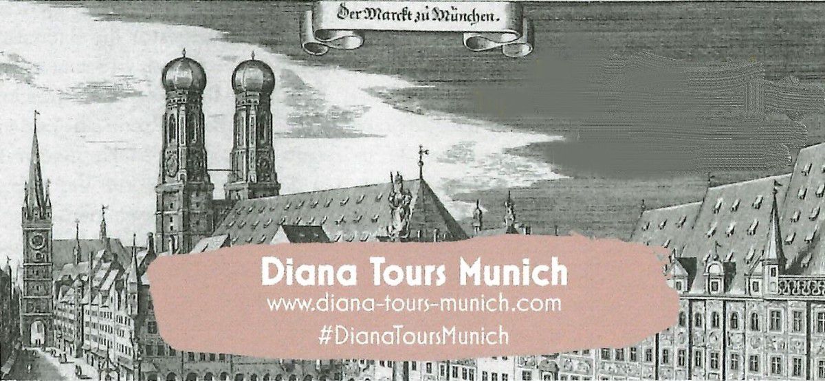Cover picture Dianatours with a black and white drawing of the old town Munich