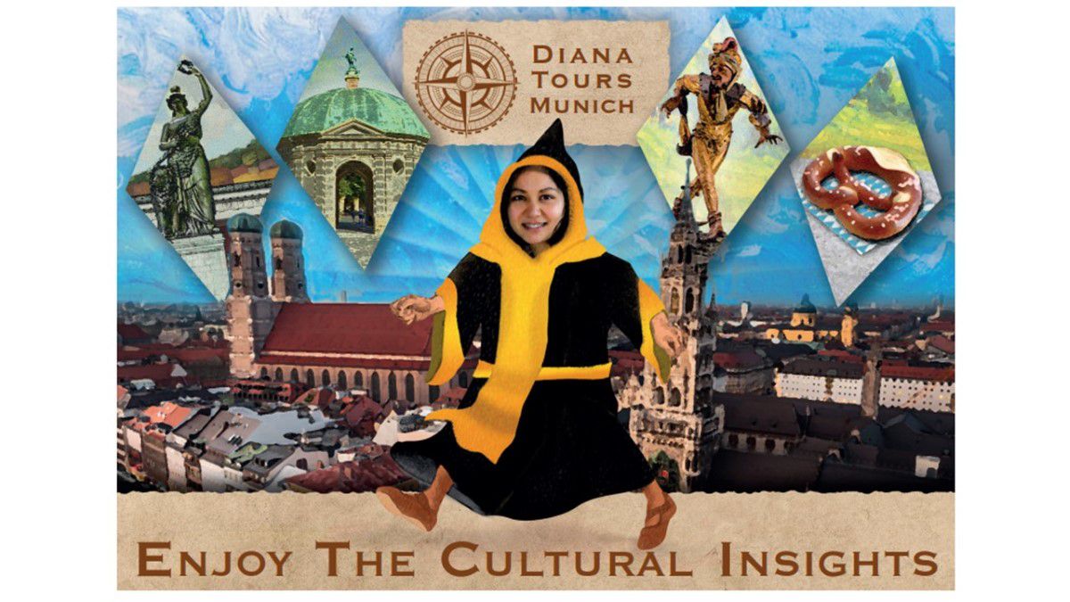 Diana in a picture with the Münchner Kindl, a pretzel, the Hofgarten and the Bavaria statue