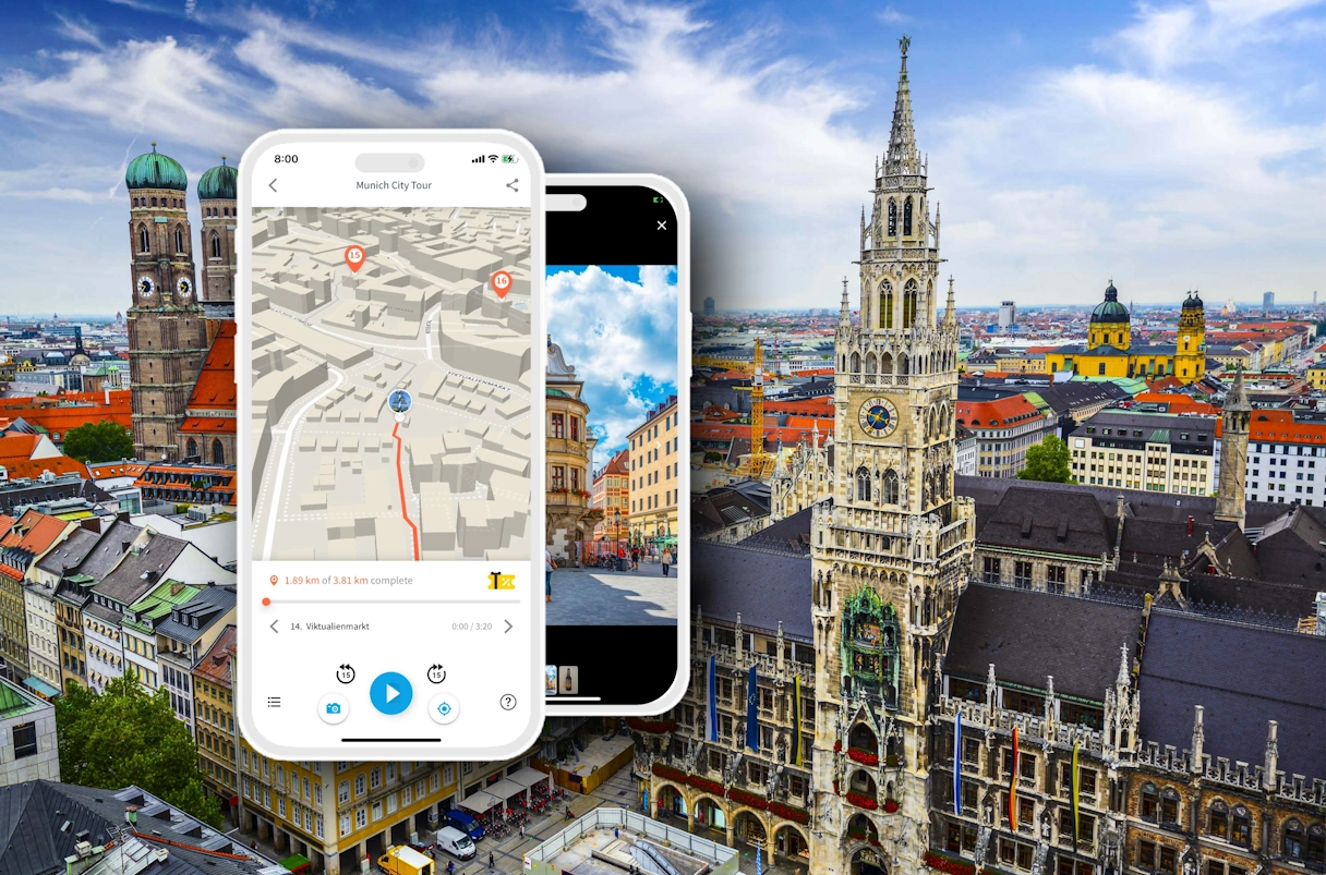 Der Marienplatz in München von oben. Künstlich dem Bild hinzugefügt ist ein Smartphone mit der TouringBee App geöffnet