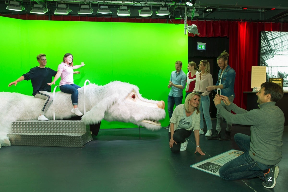 Bavaria Filmstadt film set with green screen and film character