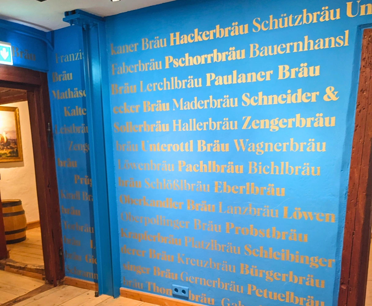 Blaue Wand im Bier & Oktoberfestmuseum mit Namen von bekannten Wirtshäusern und Biermarken in goldener Schrift