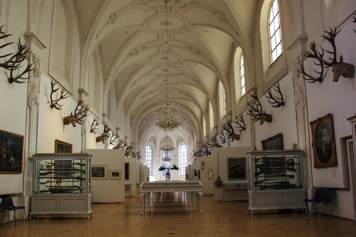 Exhibition of the Museum of Hunting and Fishing with paintings and deer heads on the walls