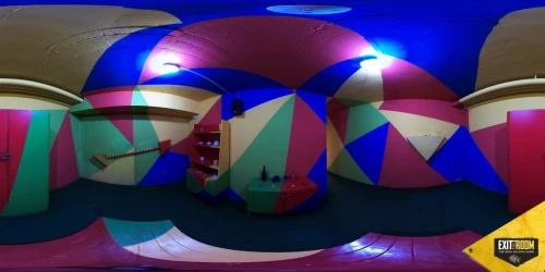 Colorful painted room with table and clues lying around