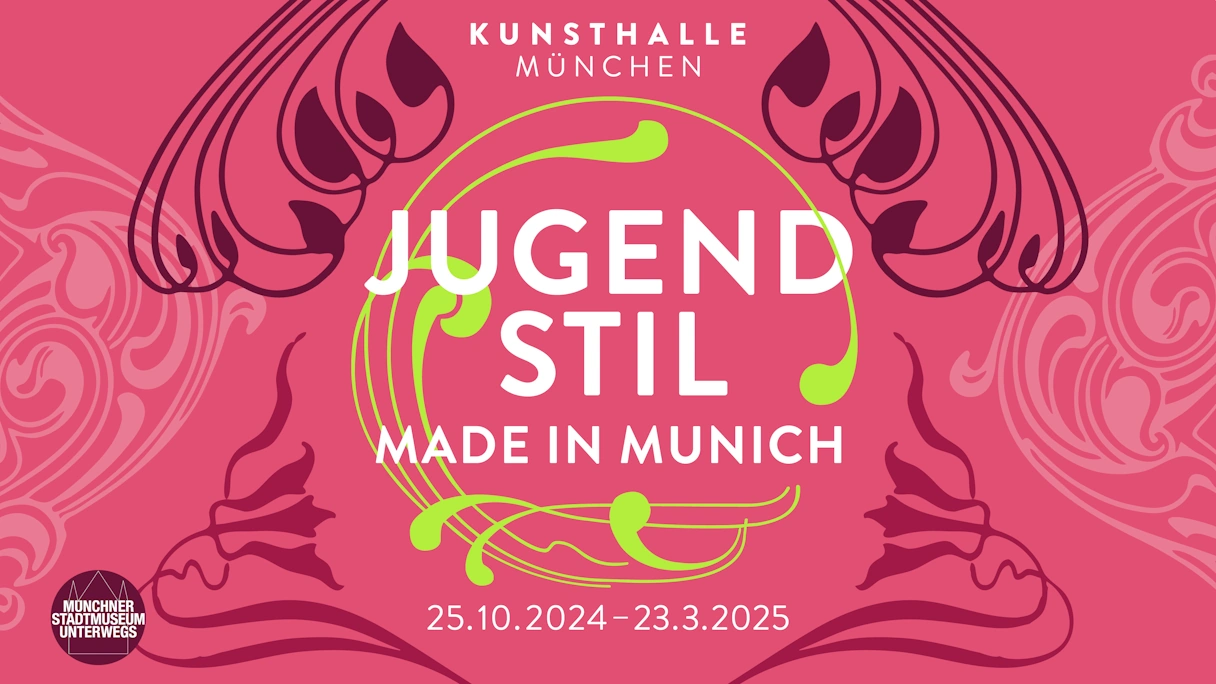 Werbeplakat für die Kunsthalle München mit der neuen Austellung Jugendstil. Schriftzüge, Schlangenlinien in verschiedenen Farben und ein pinker Hintergrund