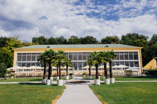 Schlosscafé im Palmenhaus, Blick auf das Café, davor stehen die Palmen im Kreis aufgereiht