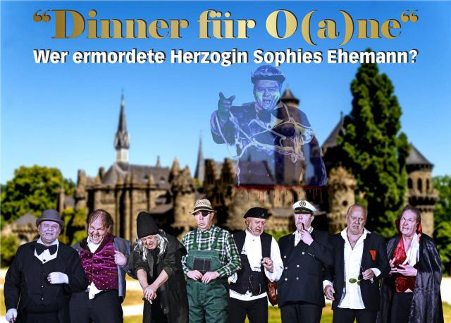 Dinner für O(a)ne Titelbild, verschiedene Schauspieler stehen vor einem Bühnenbild