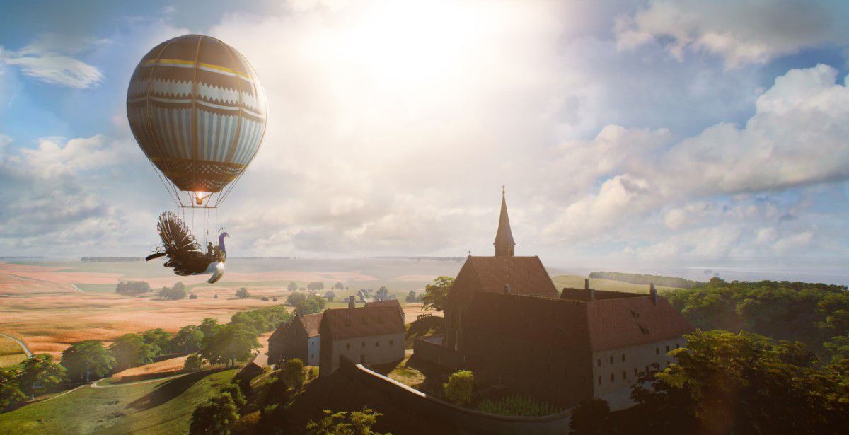 Virtuell dargestelltes Andechs, bei Sonnenschein, der TimeRide VR Pfauenwagen-Heißluftballon fliegt über Felder und Gebäude