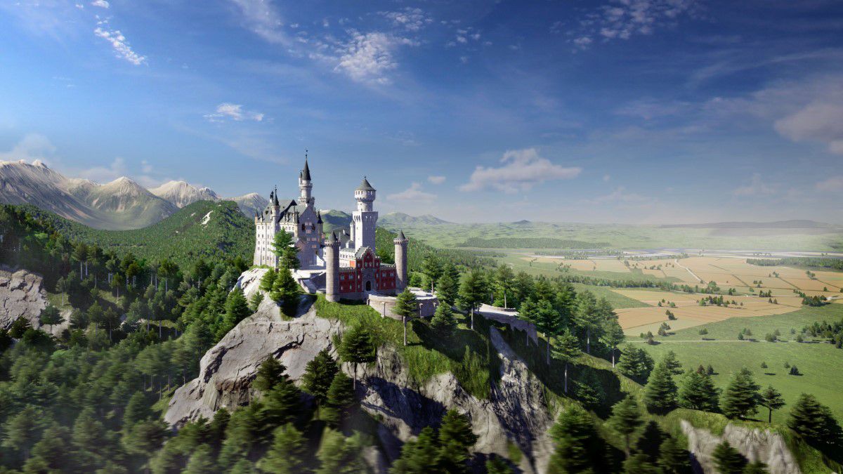 Virtuell dargestelltes Schloss Neuschwanstein von oben bei blauem Himmel und Sonnenschein