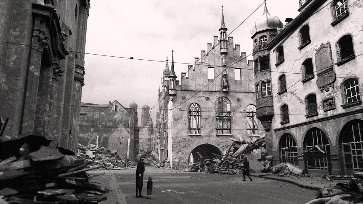 Virtuell dargestelltes München im Jahre 1945. Zu sehen ist das Alte Rathaus