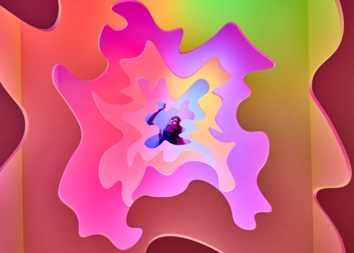 Photo wall at the WOW Museum in Munich. A colorful, abstract image featuring soft, organic shapes in vibrant colors such as pink, orange, and green. In the center, a small figure can be seen peering through several layered, irregular cutouts and raising an arm. The shapes appear as overlapping, cut-out planes, creating a spatial, almost tunnel-like effect.