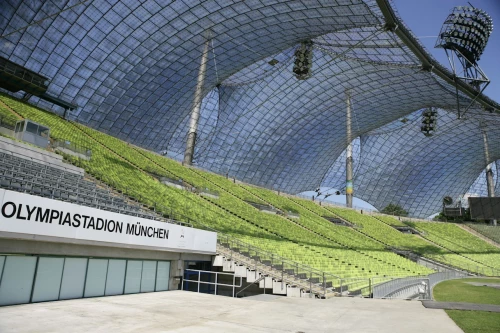 View of the Olympic Stadium Münnchen, green seats, tent roof