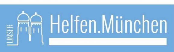 Logo Helfen.München, blauer Hintergrund, weiße Schrift